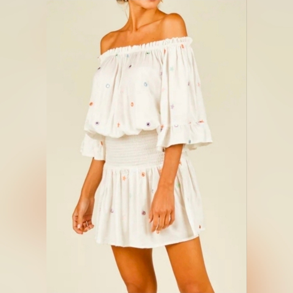 Surf Gypsy Star Mirror Off The Shoulder Smocked Mini Dress
